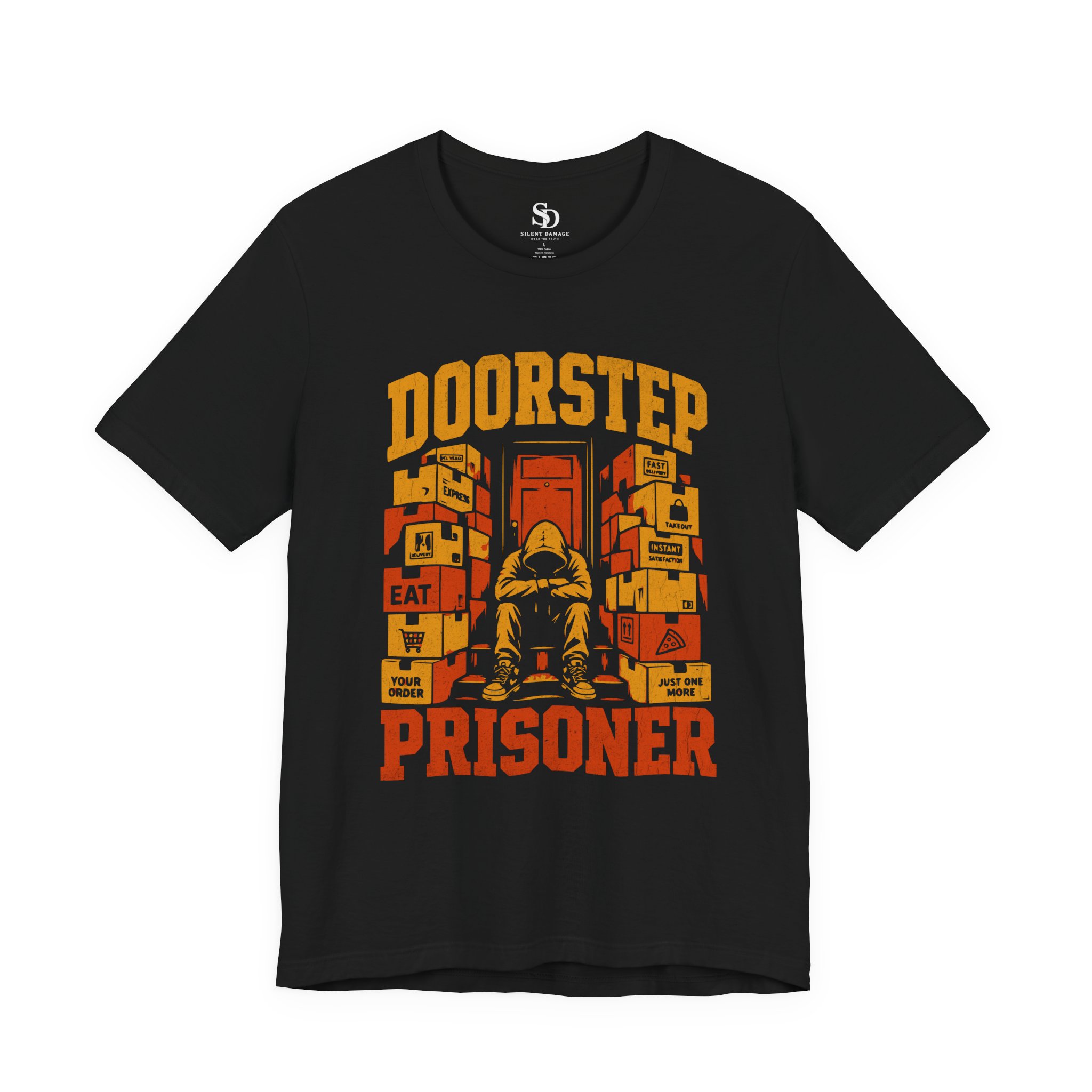 Doorstep Prisoner T-Shirt - Delivery Dependent - Orange and Yellow - Image 2
