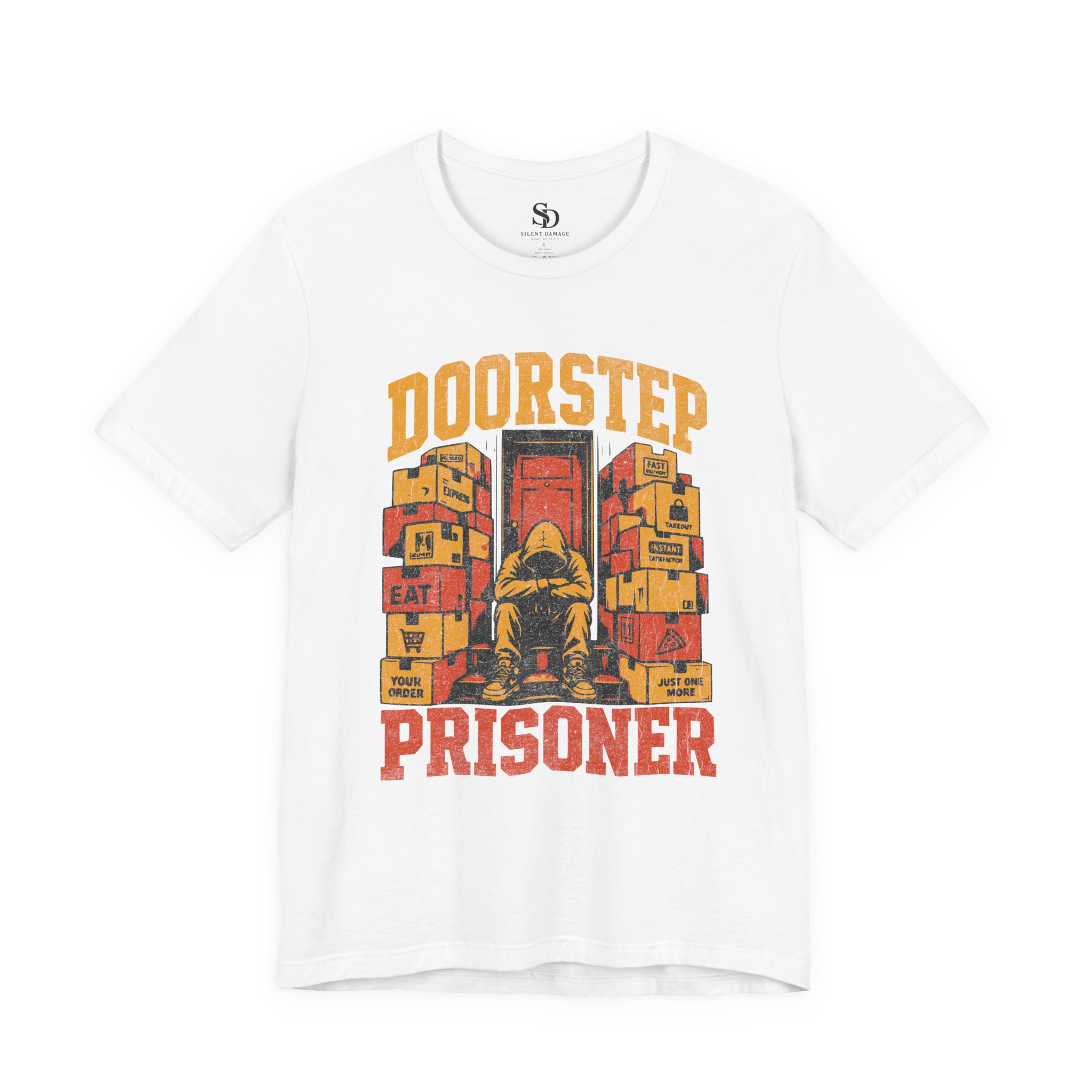 Doorstep Prisoner T-Shirt - Delivery Dependent - Orange and Yellow - Image 7