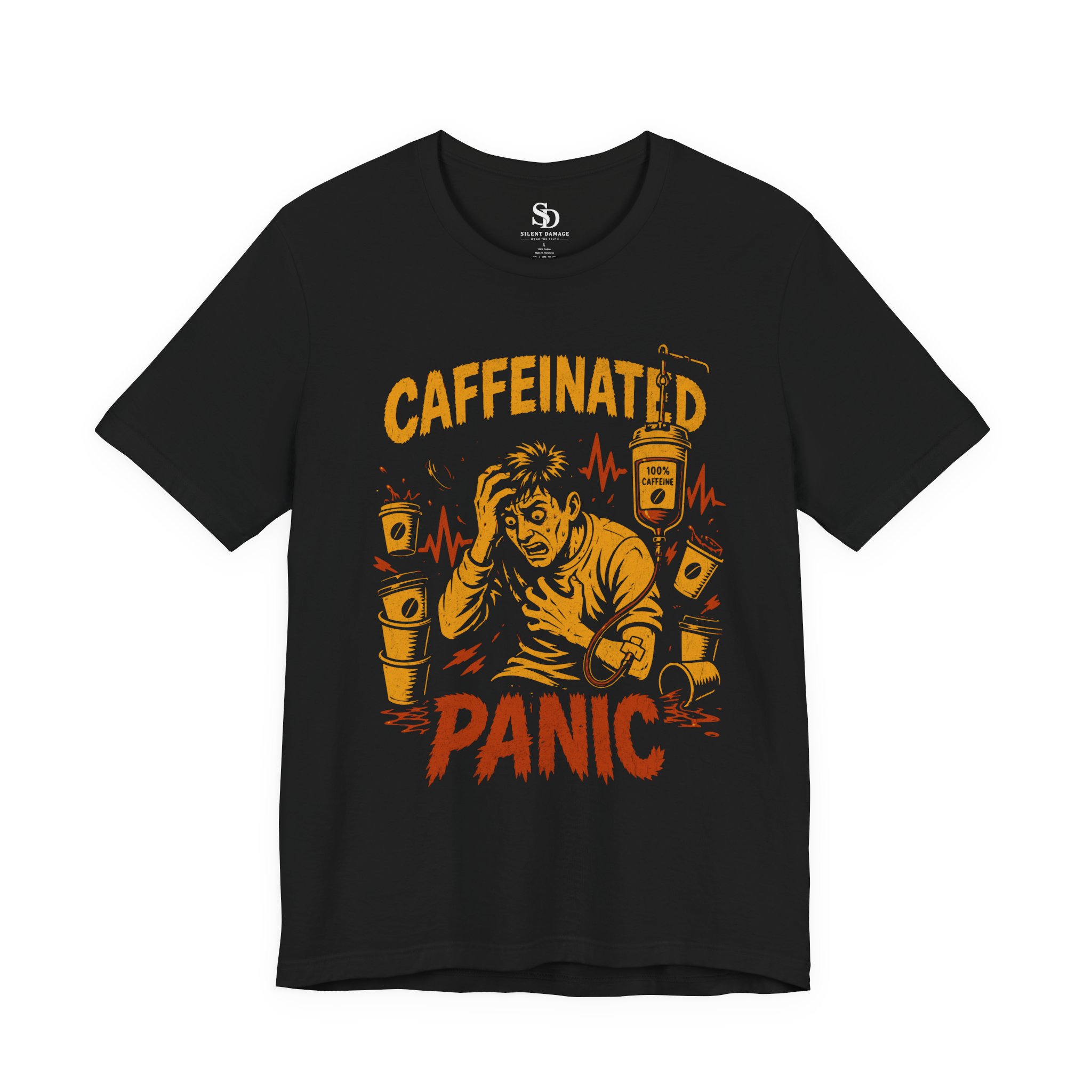 Caffeinated Panic T-Shirt – Coffee Anxiety Awareness - Image 2