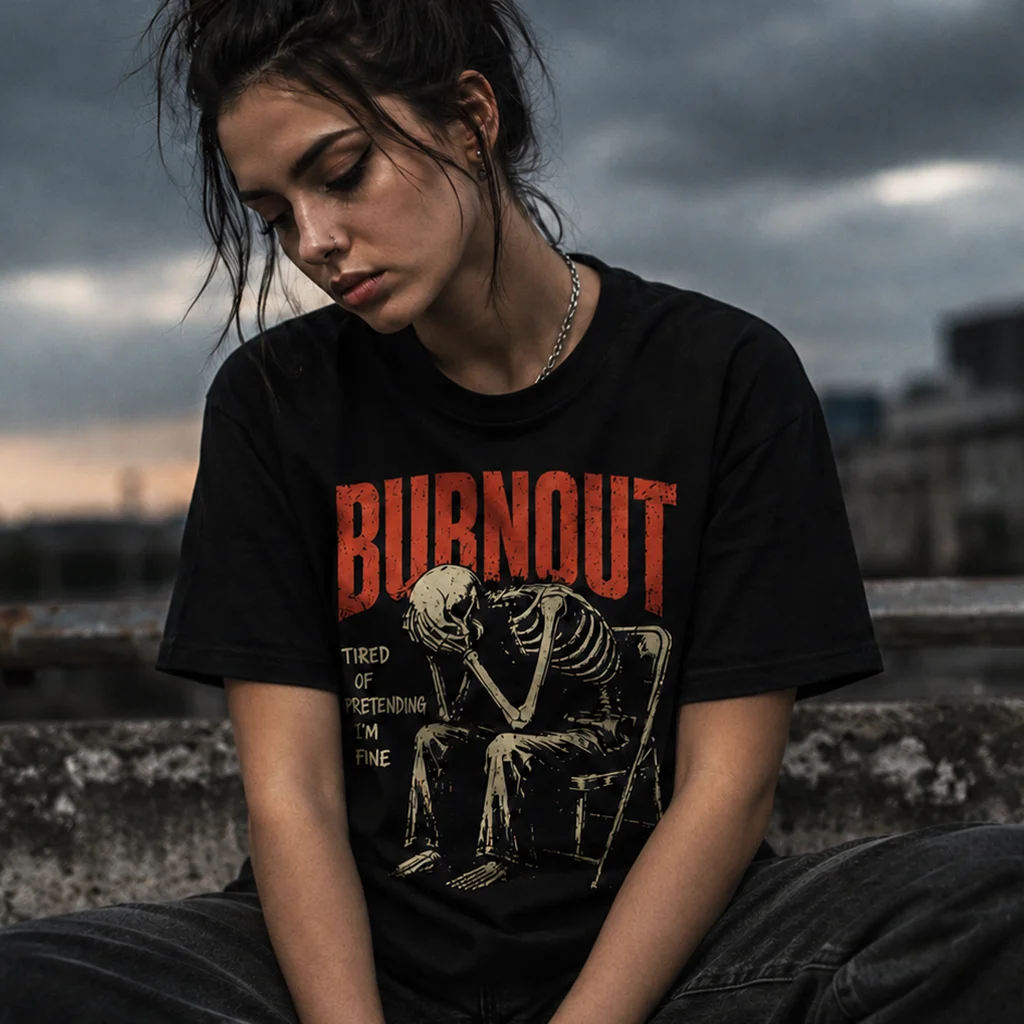 Burnout Chair Skeleton - Mental Exhaustion Graphic Tee - Premium Streetwear