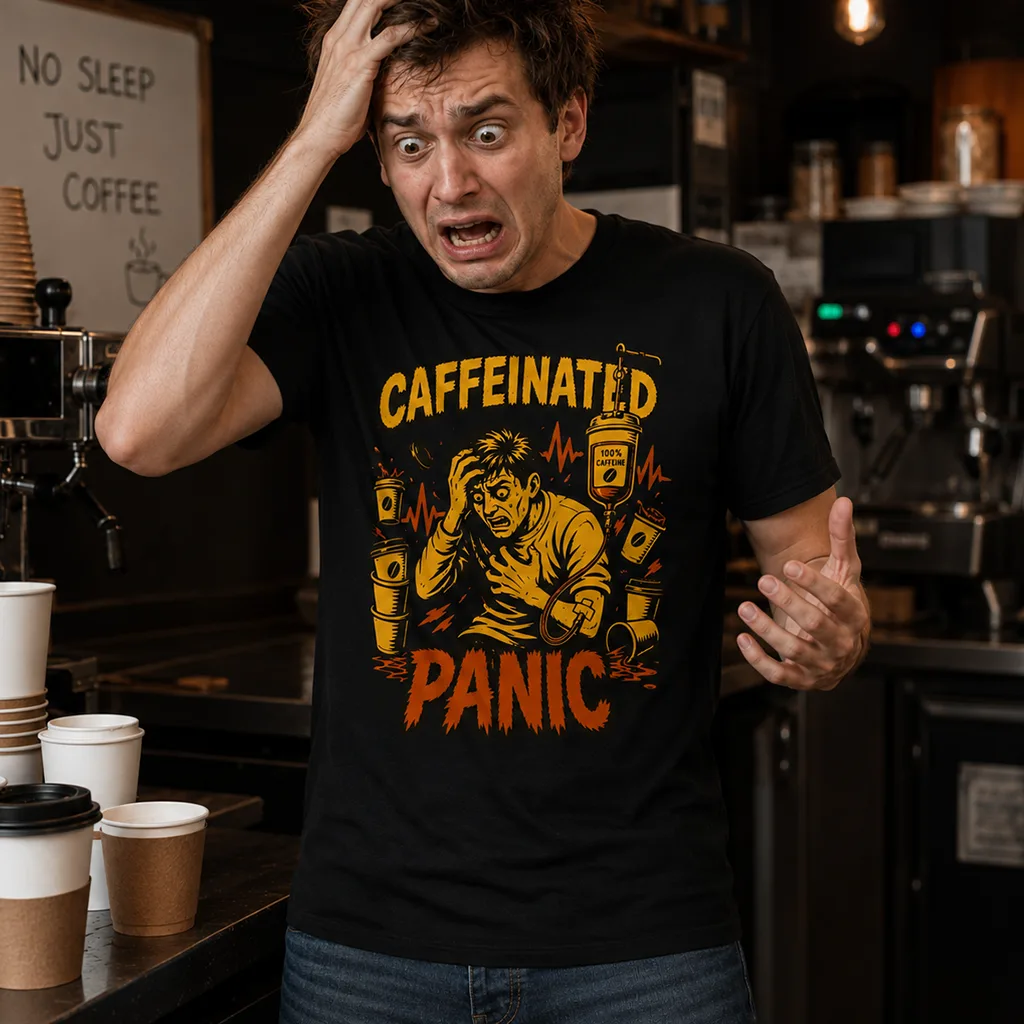 Caffeinated Panic T-Shirt – Coffee Anxiety Awareness