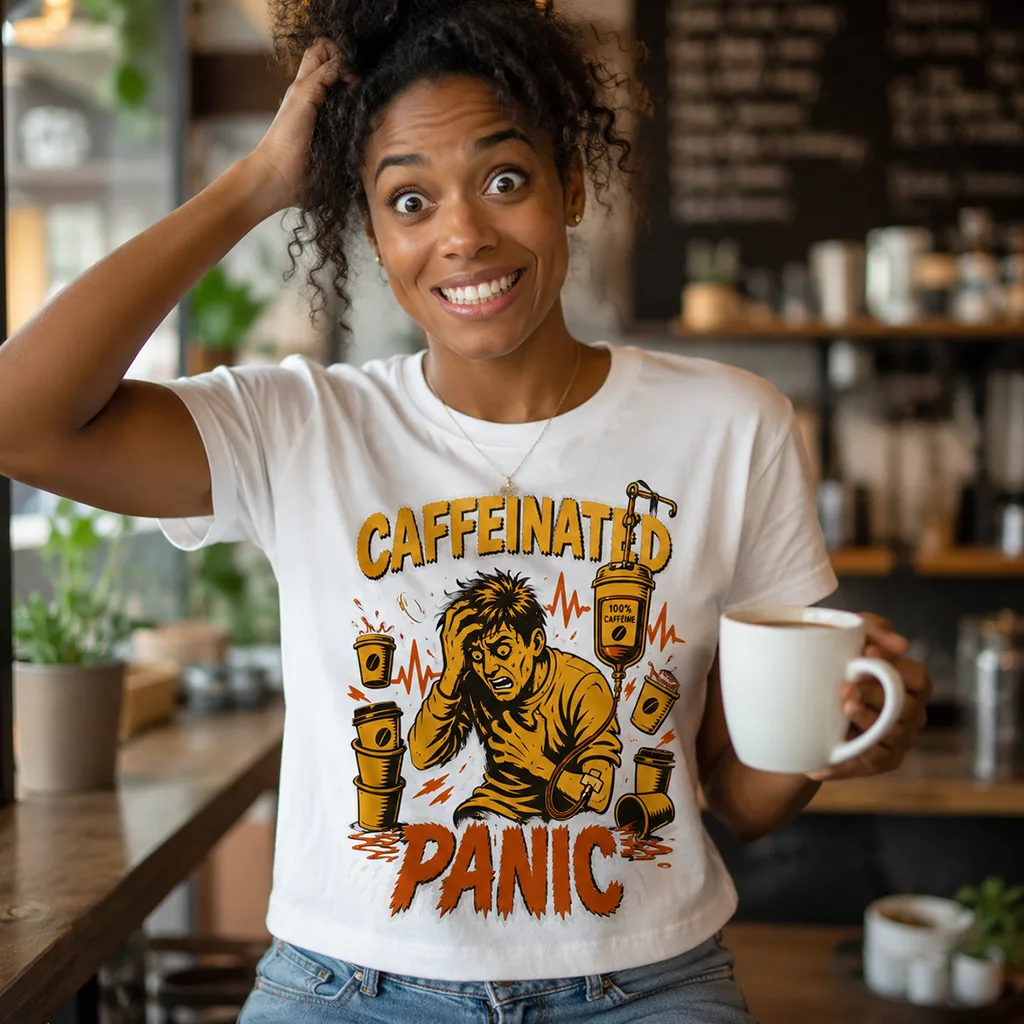 Caffeinated Panic T-Shirt – Coffee Anxiety Awareness - Image 3