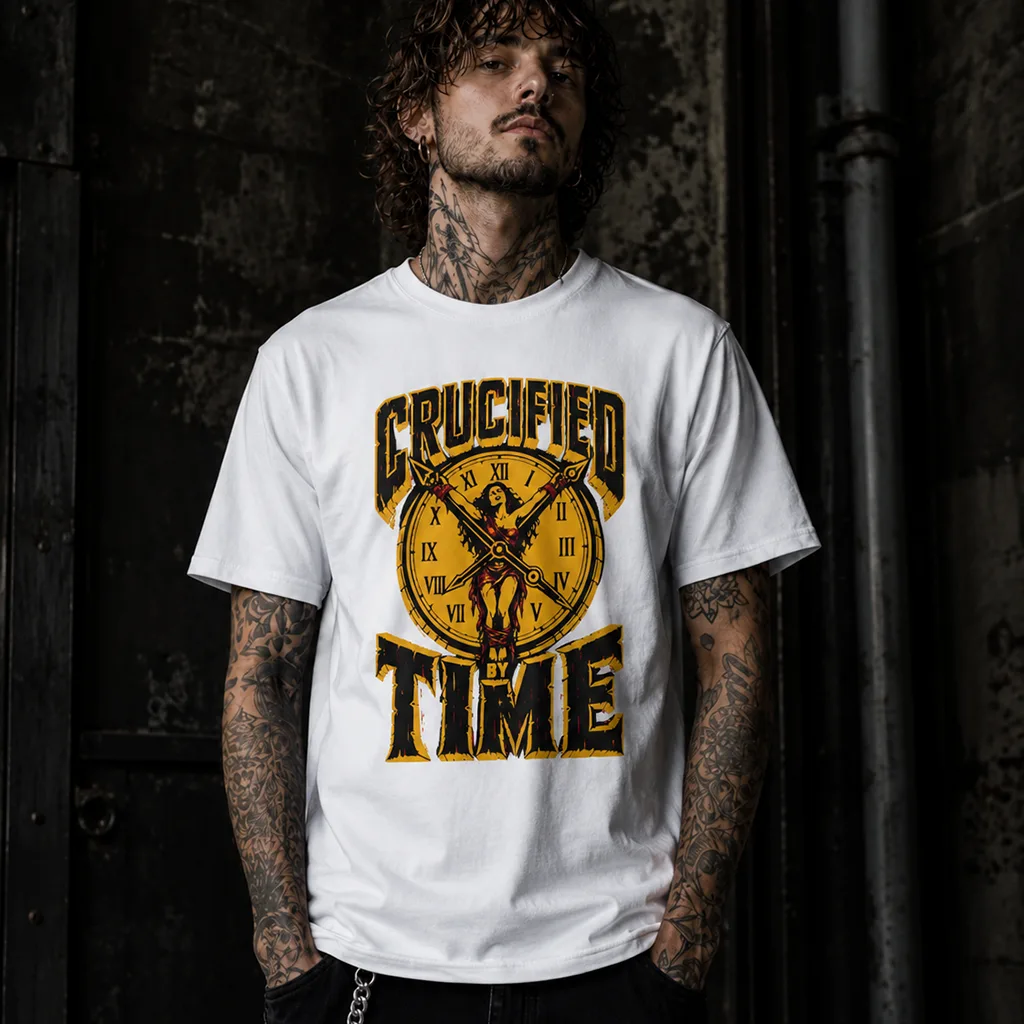 Crucified Time Graphic T-Shirt – Vintage Clock,Time Pressure Design - Image 2