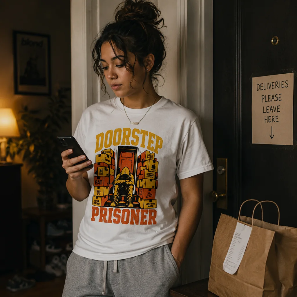 Doorstep Prisoner T-Shirt - Delivery Dependent - Orange and Yellow - Image 3