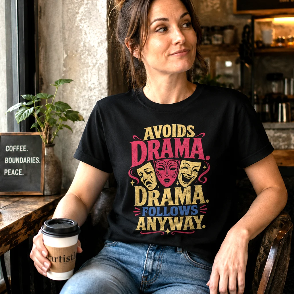 Avoids Drama. Drama Follows Anyway. | Personality Streetwear Premium Graphic Tee - Image 3