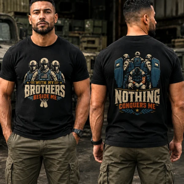 With My Brothers Beside Me - Nothing Conquers Me -  Veteran Military Graphic Tee