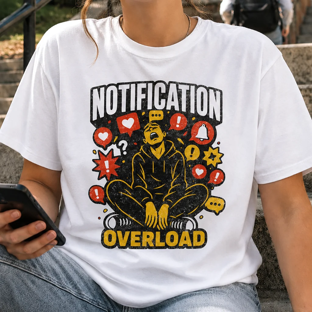 Notification Overload T-Shirt | Digital Anxiety Screen Addiction Graphic Streetwear Tee - Image 5