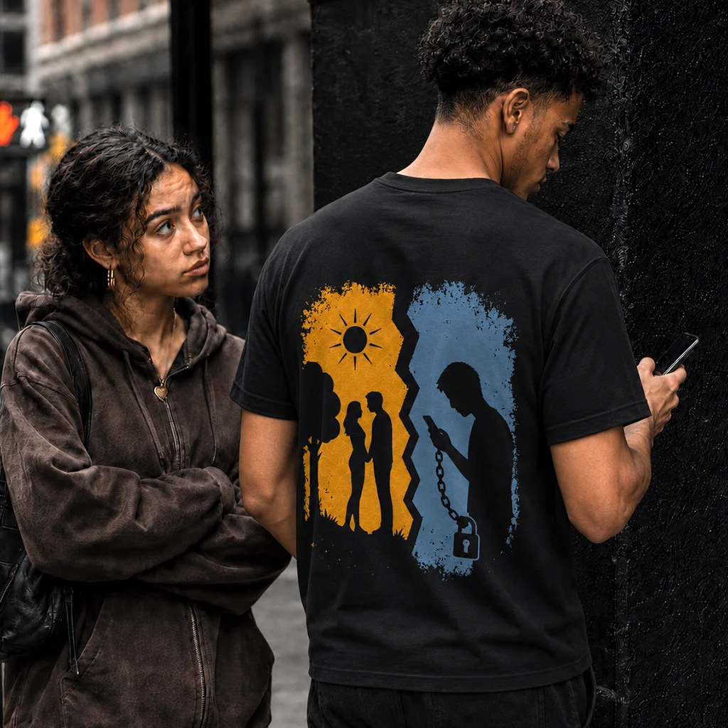 Screen Divide T-Shirt | Digital Addiction Relationship Graphic Premium Streetwear