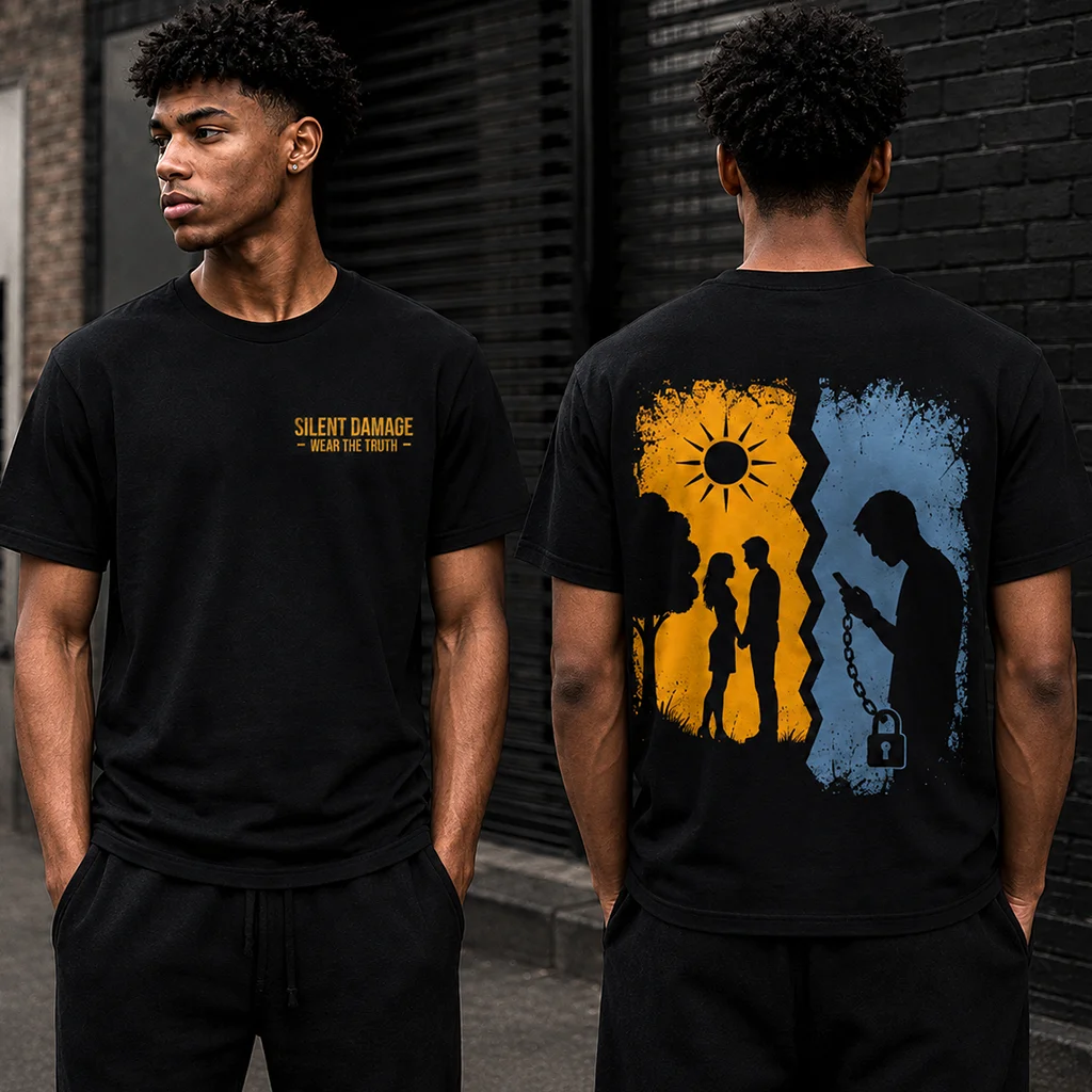 Screen Divide T-Shirt | Digital Addiction Relationship Graphic Premium Streetwear - Image 3